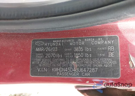 2003 Hyundai Elantra Gls/Gt из США, поврежденный, VIN KMHDN45D43U647287